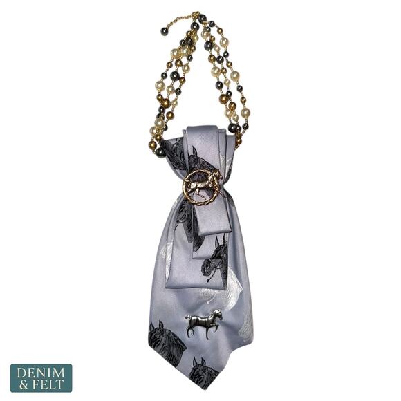 NEW Handmade Necktie Scarf Necklace Horse Print Beaded Chain Western Equestrian - Picture 2 of 7
